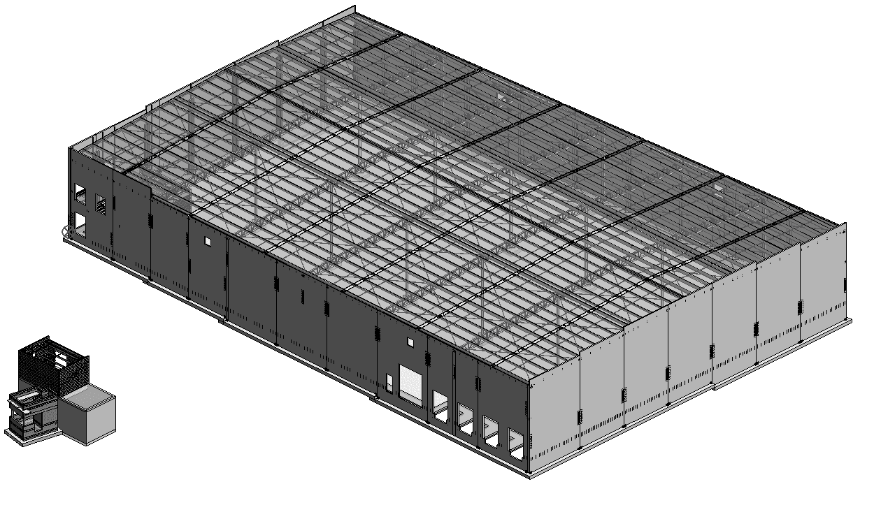Modelo estructural de una nave industrial con muros tilt-up y cubierta metálica