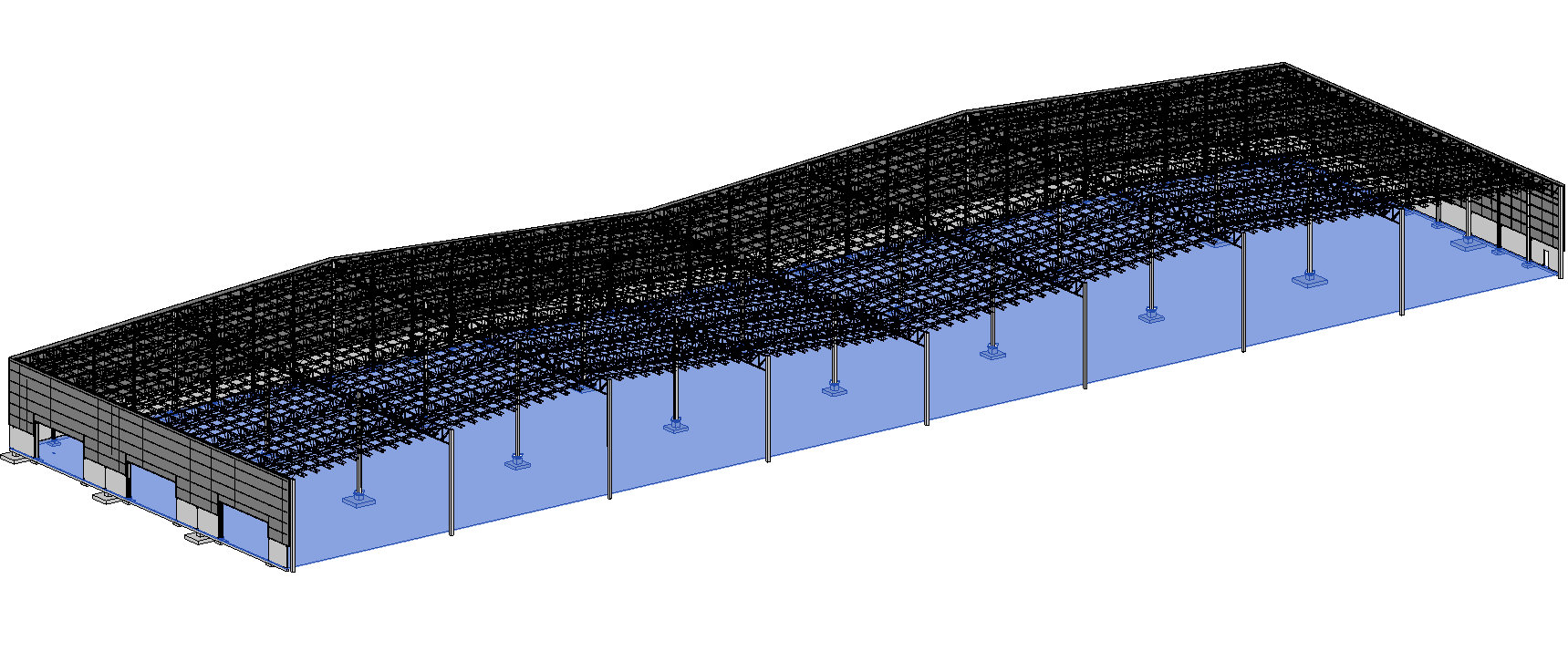 Modelo de una estructura metálica de gran claro para nave industrial