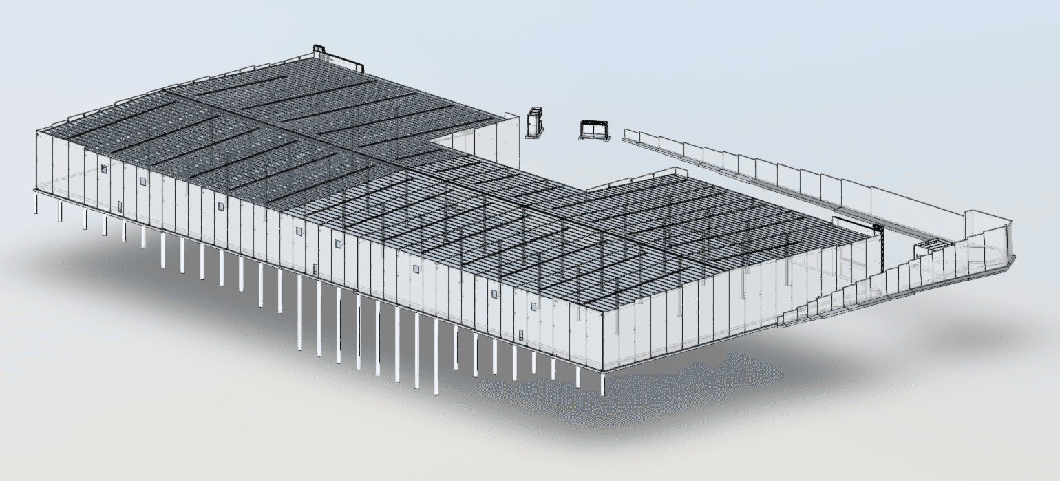 Modelo de un edificio industrial con cubierta metálica y cimentación profunda
